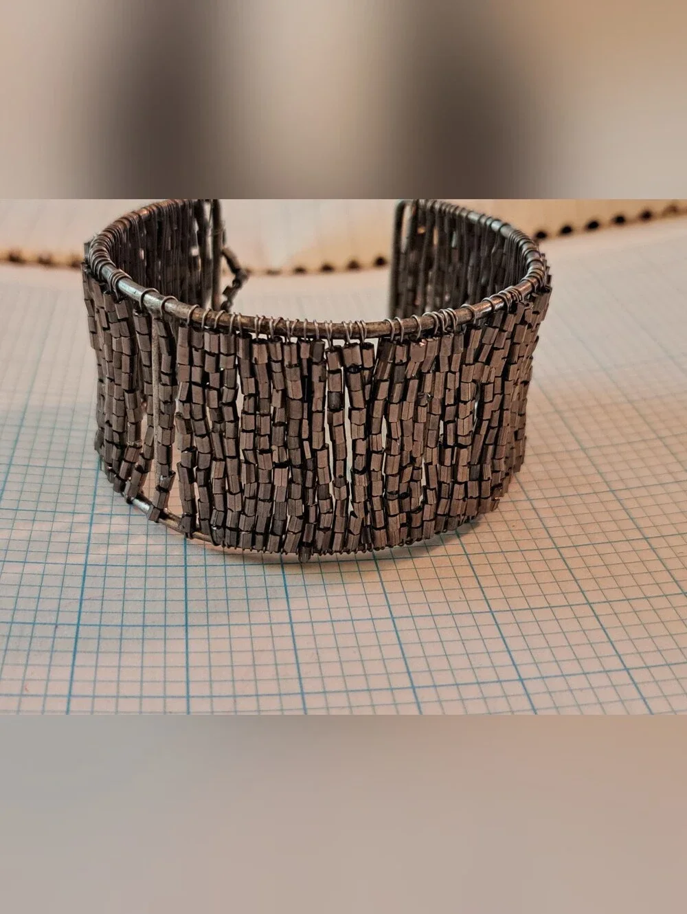 Gunmetal Gold Beaded Cuff Bracelet - Metallic Grey Statement Bracelet